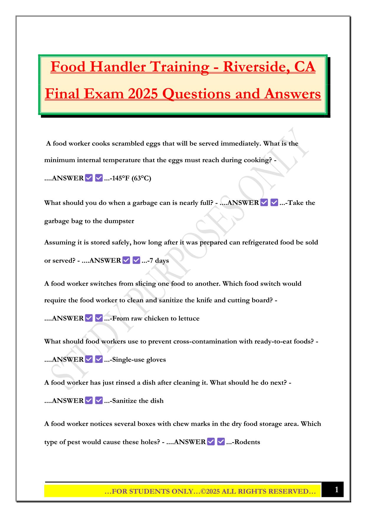 Food Handler Training - Riverside, CA Final Exam 2025 Questions and Answers