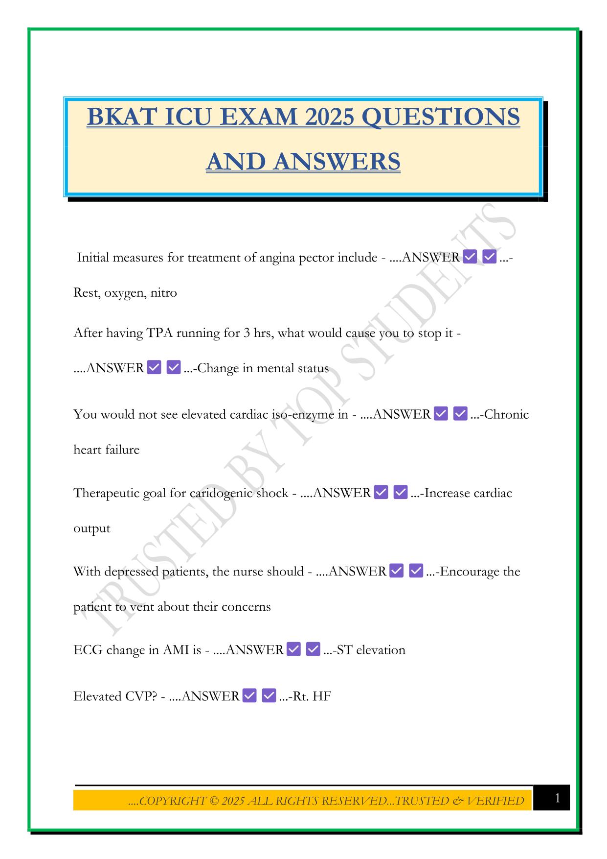 BKAT ICU EXAM 2025 QUESTIONS AND ANSWERS
