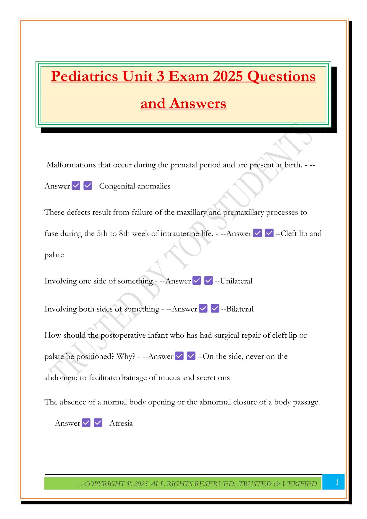Pediatrics Unit 3 Exam 2025 Questions and Answers