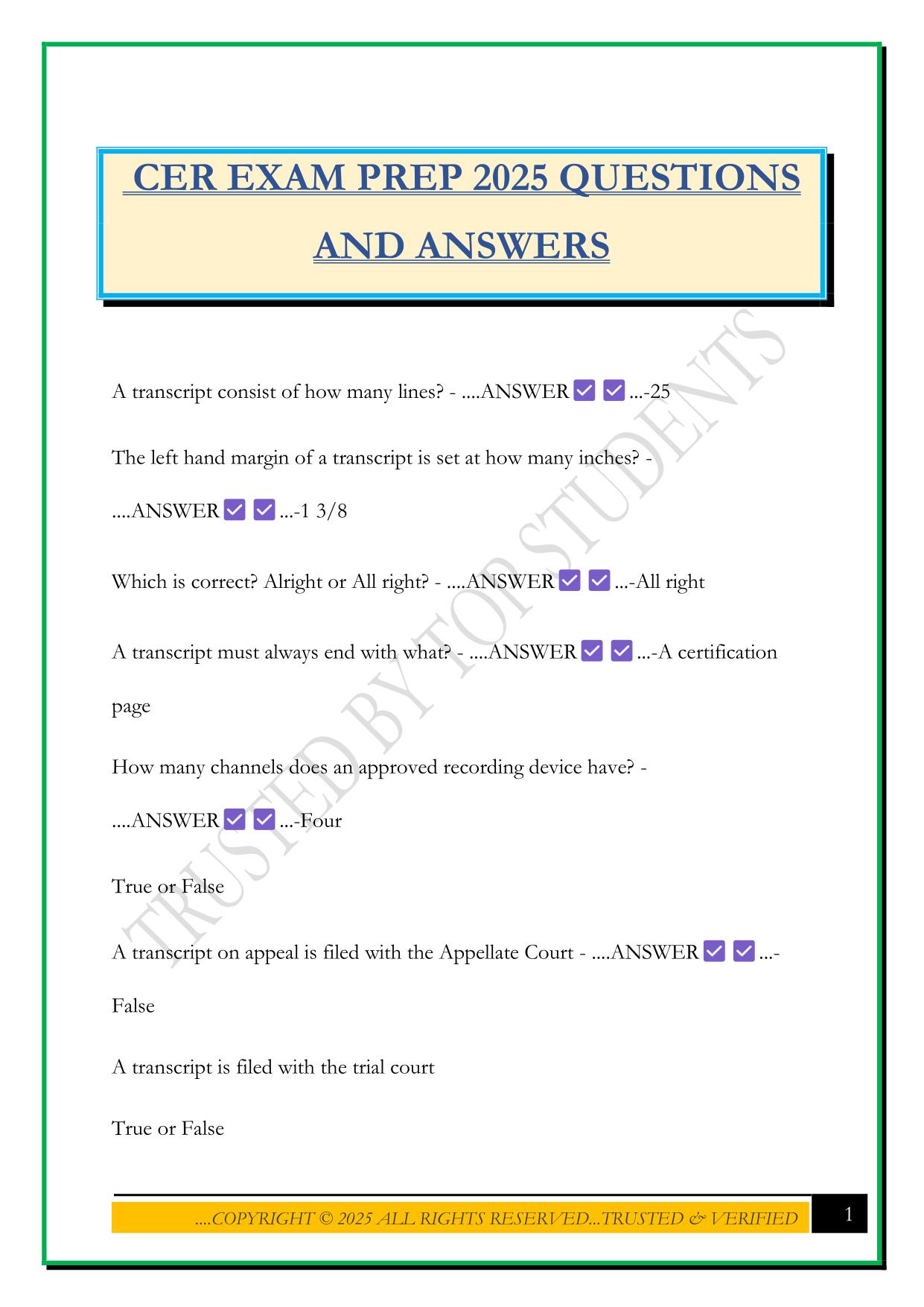 CER EXAM PREP 2025 QUESTIONS AND ANSWERS