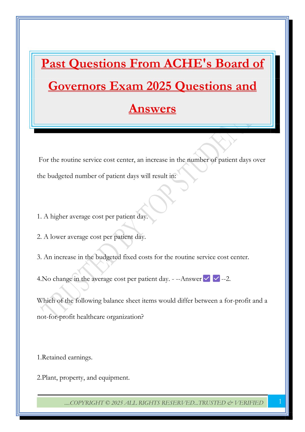 Past Questions From ACHE's Board of Governors Exam 2025 Questions and Answers