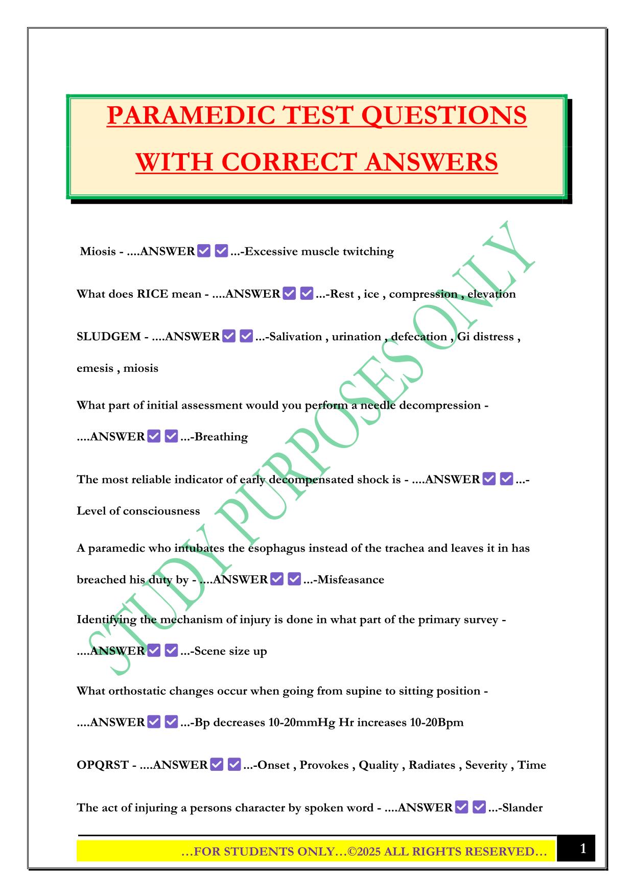 PARAMEDIC TEST QUESTIONS WITH CORRECT ANSWERS