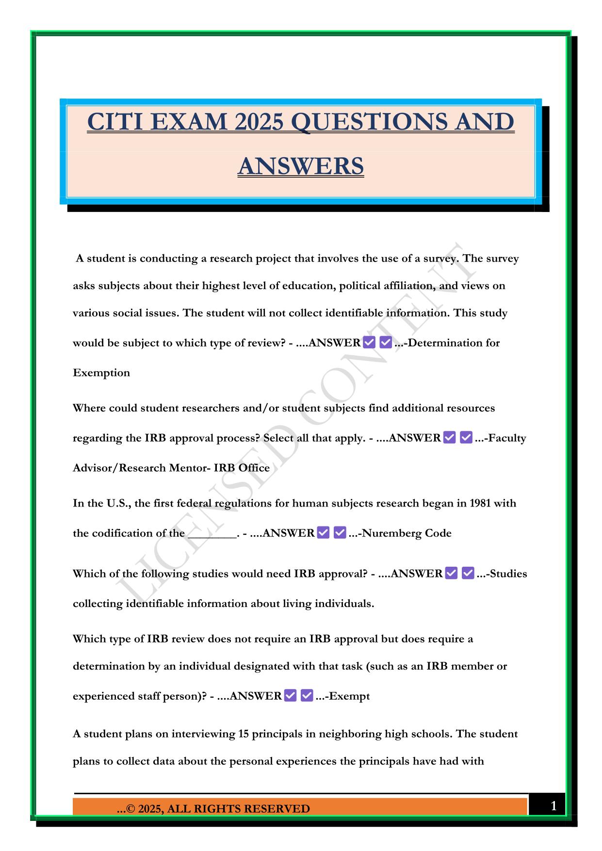 CITI EXAM 2025 QUESTIONS AND ANSWERS