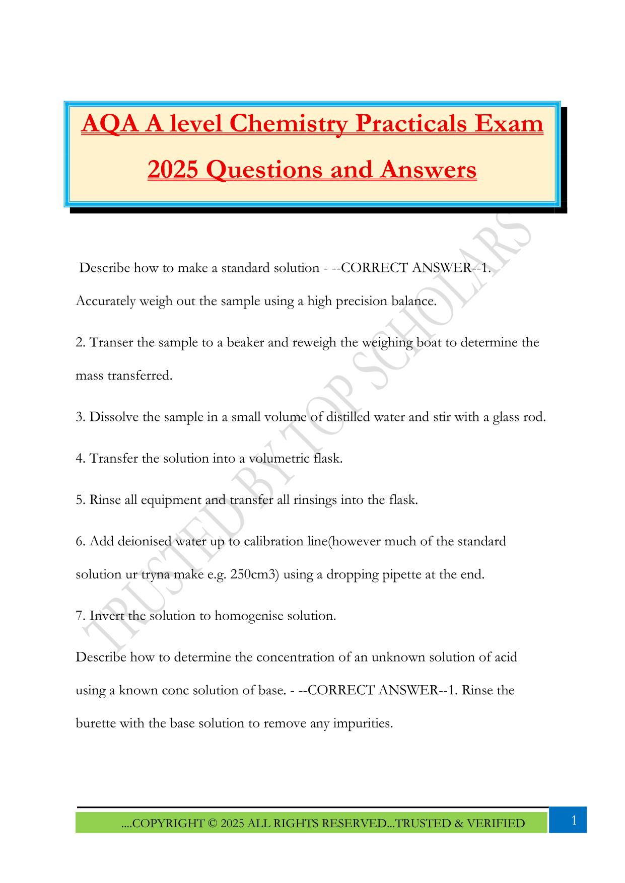 AQA A level Chemistry Practicals Exam 2025 Questions and Answers