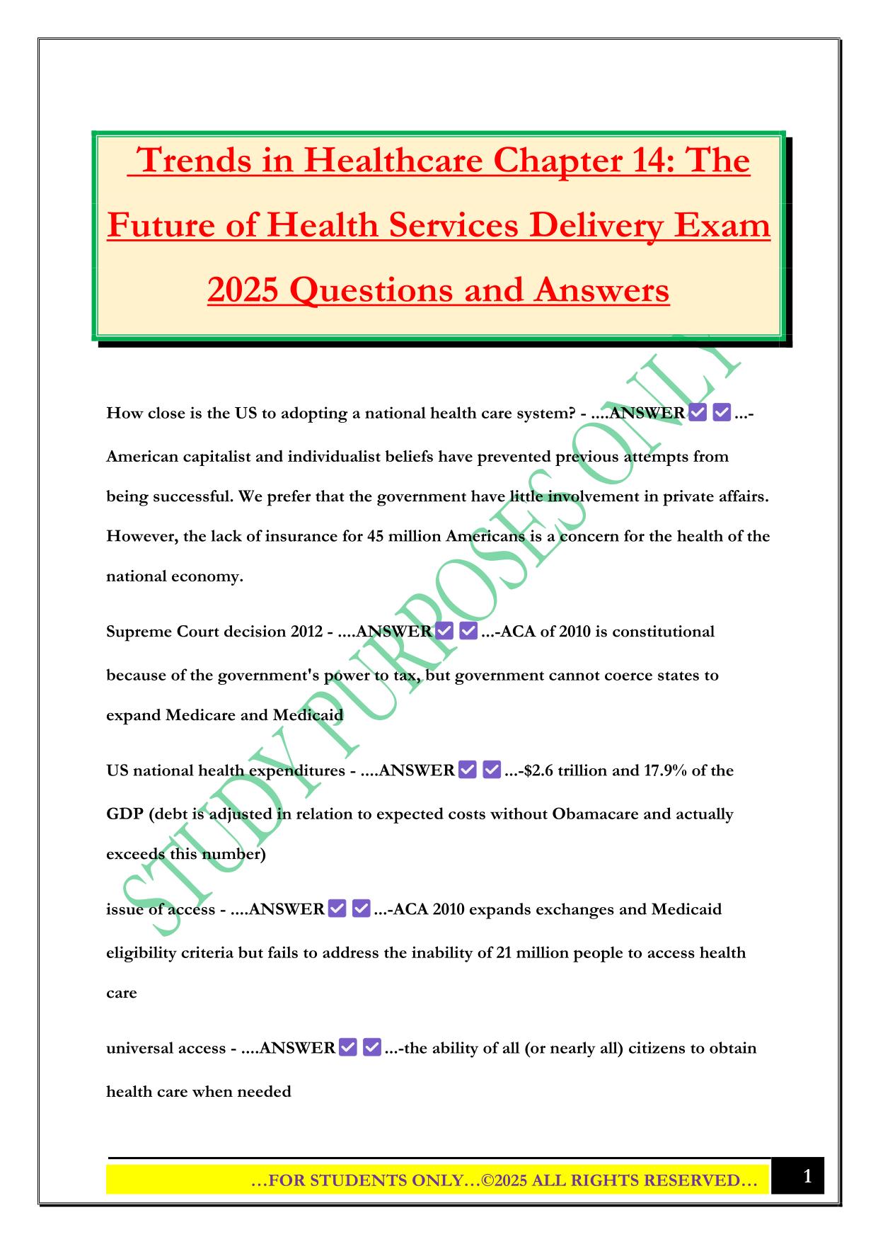 Trends in Healthcare Chapter 14: The Future of Health Services Delivery Exam 2025 Questions and Answers