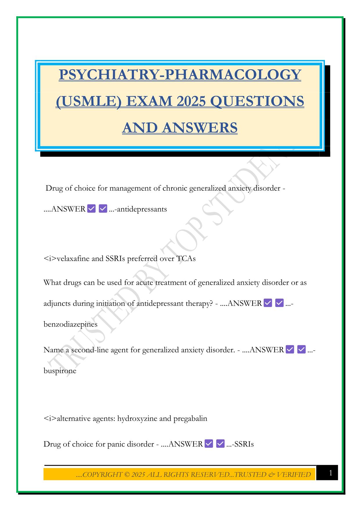 PSYCHIATRY-PHARMACOLOGY (USMLE) EXAM 2025 QUESTIONS AND ANSWERS