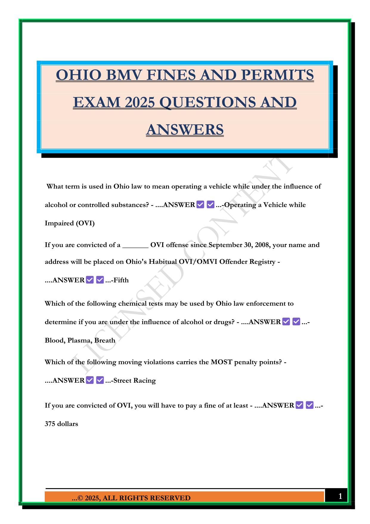 OHIO BMV FINES AND PERMITS EXAM 2025 QUESTIONS AND ANSWERS