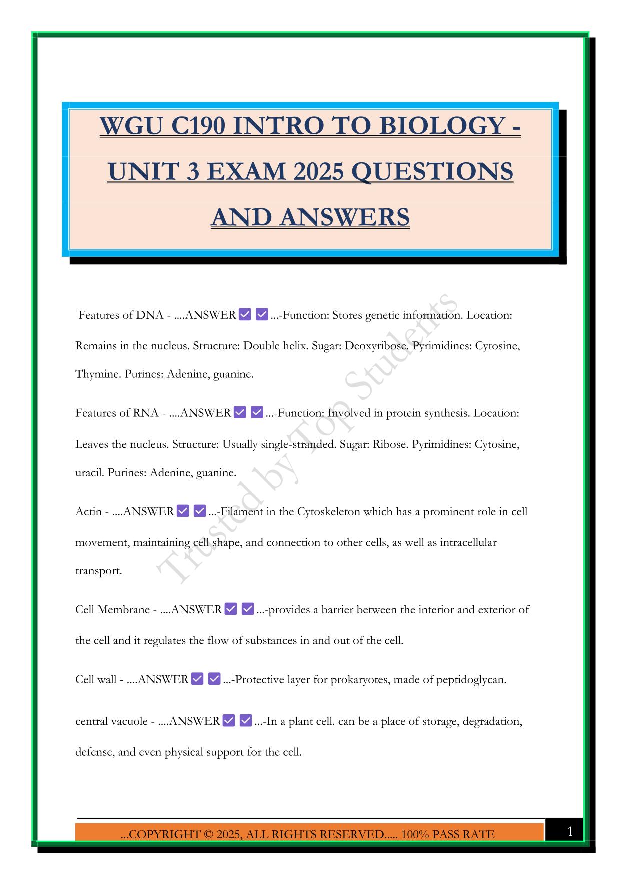 WGU C190 INTRO TO BIOLOGY - UNIT 3 EXAM 2025 QUESTIONS AND ANSWERS