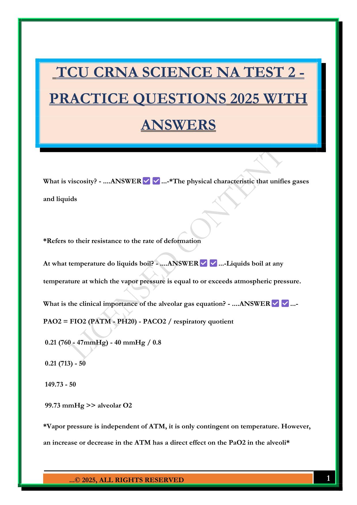 TCU CRNA SCIENCE NA TEST 2 - PRACTICE QUESTIONS 2025 WITH ANSWERS