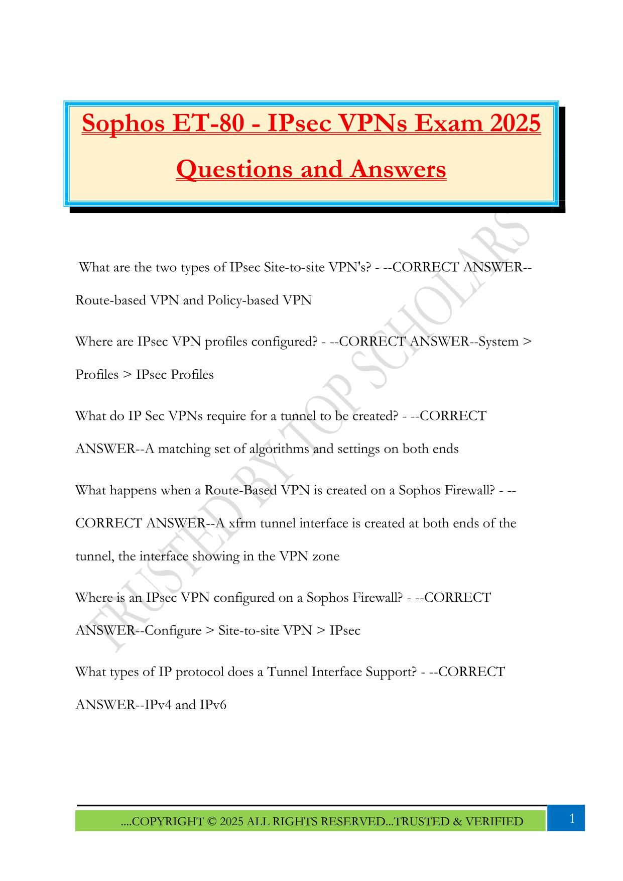 Sophos ET-80 - IPsec VPNs Exam 2025 Questions and Answers