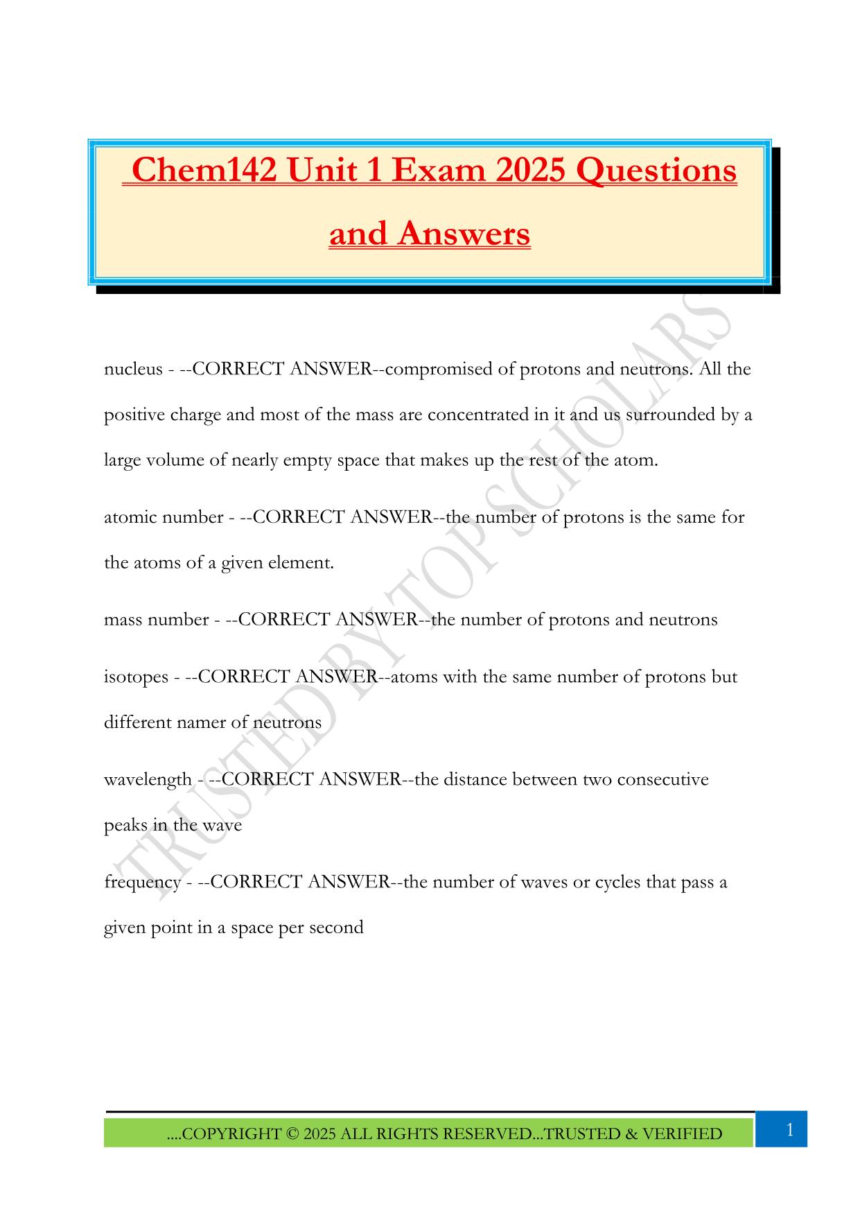 Chem142 Unit 1 Exam 2025 Questions and Answers