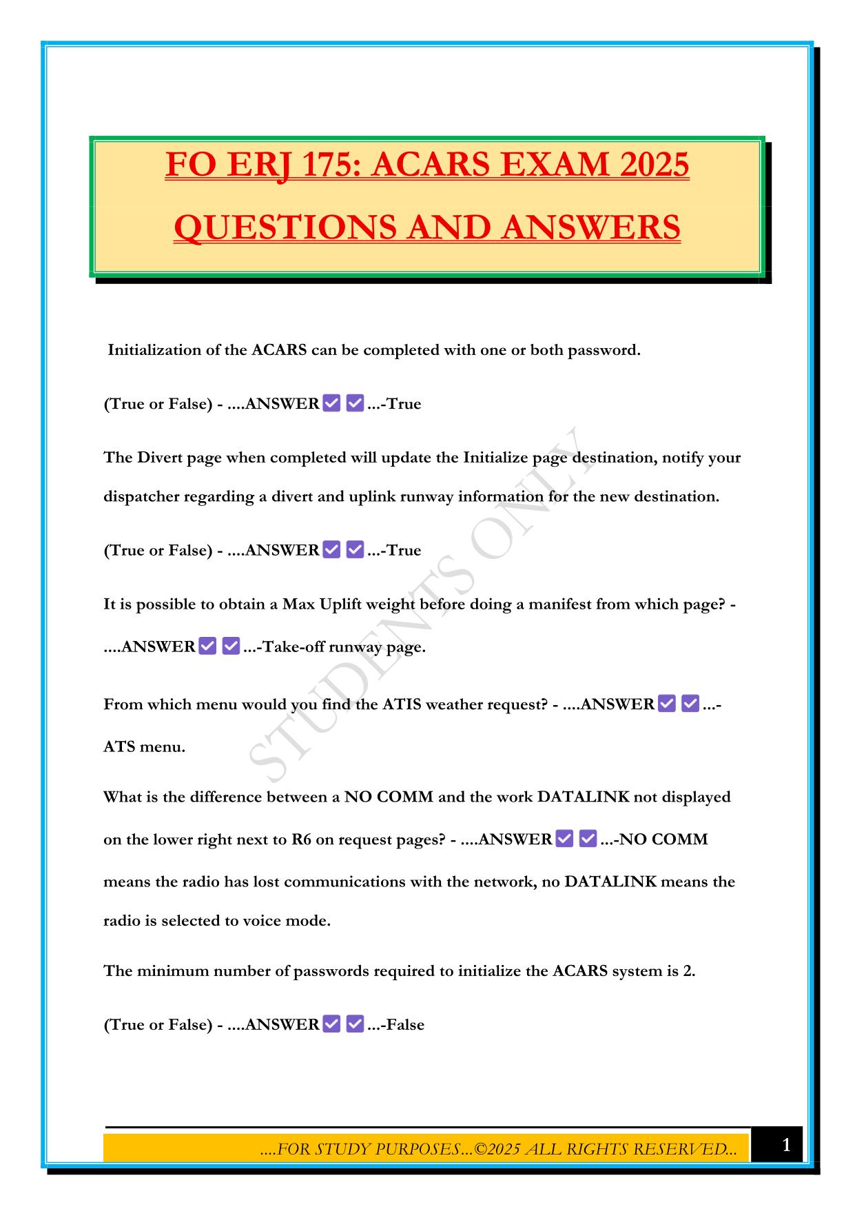 FO ERJ 175: ACARS EXAM 2025 QUESTIONS AND ANSWERS
