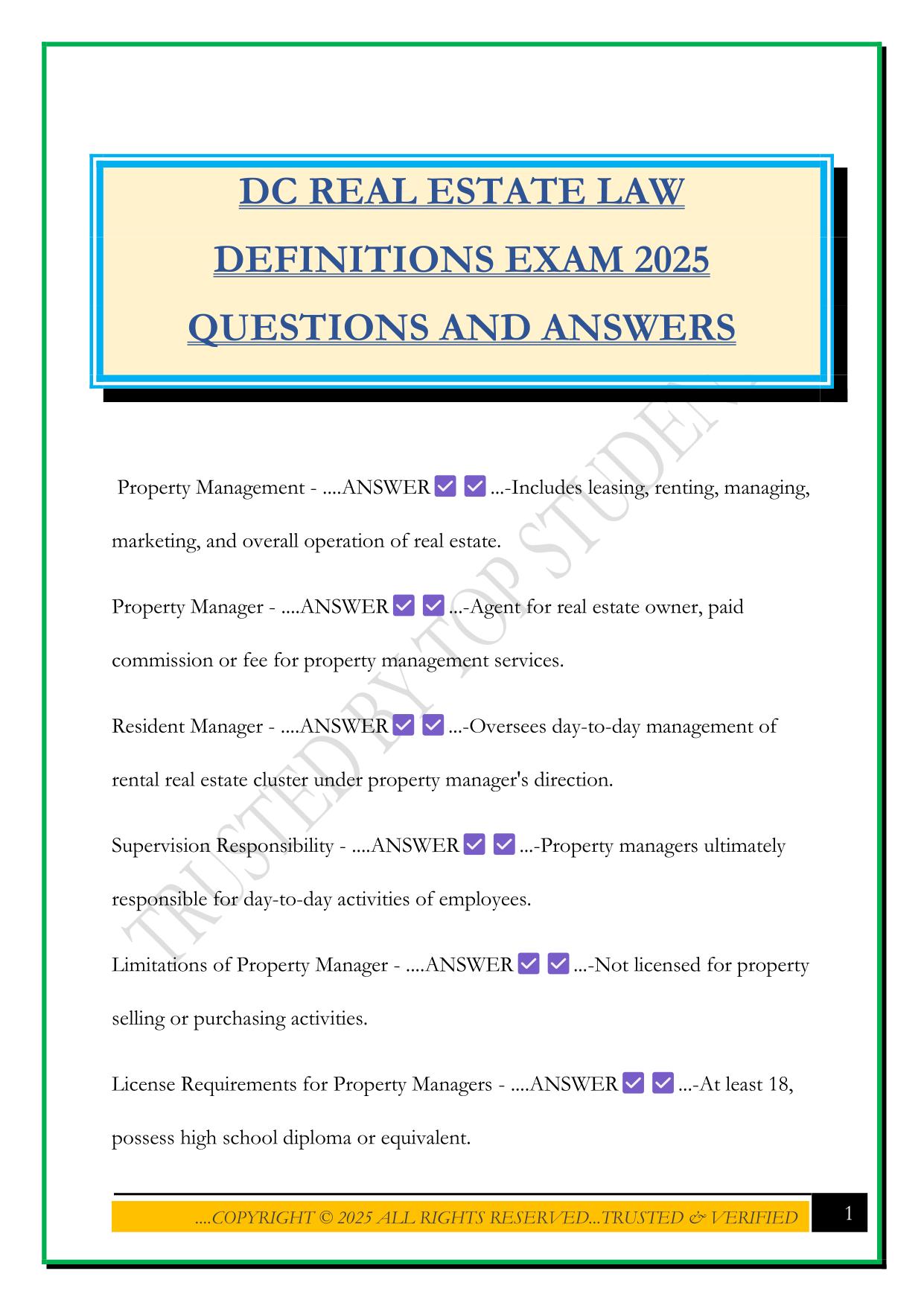 DC REAL ESTATE LAW DEFINITIONS EXAM 2025 QUESTIONS AND ANSWERS
