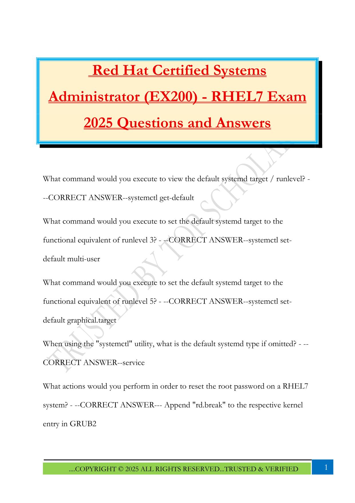 Red Hat Certified Systems Administrator (EX200) - RHEL7 Exam 2025 Questions and Answers