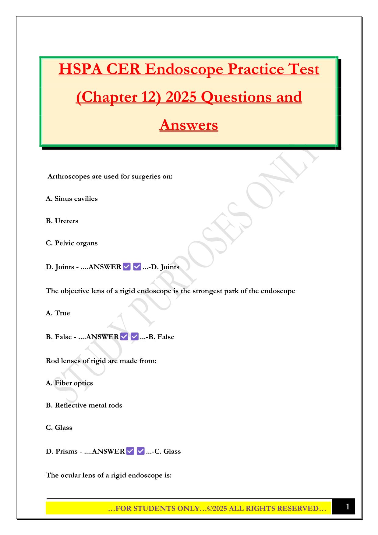 HSPA CER Endoscope Practice Test (Chapter 12) 2025 Questions and Answers