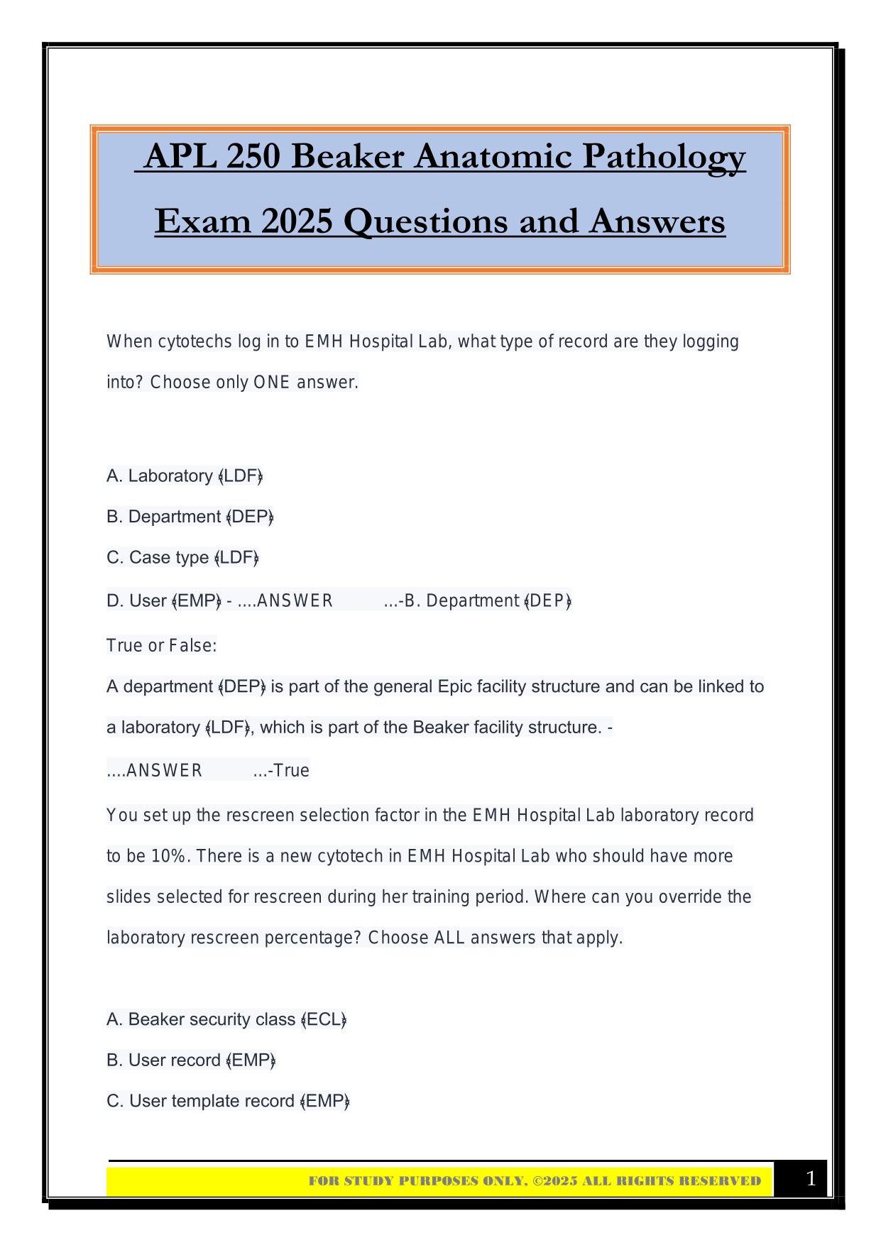 APL 250 Beaker Anatomic Pathology Exam 2025 Questions and Answers