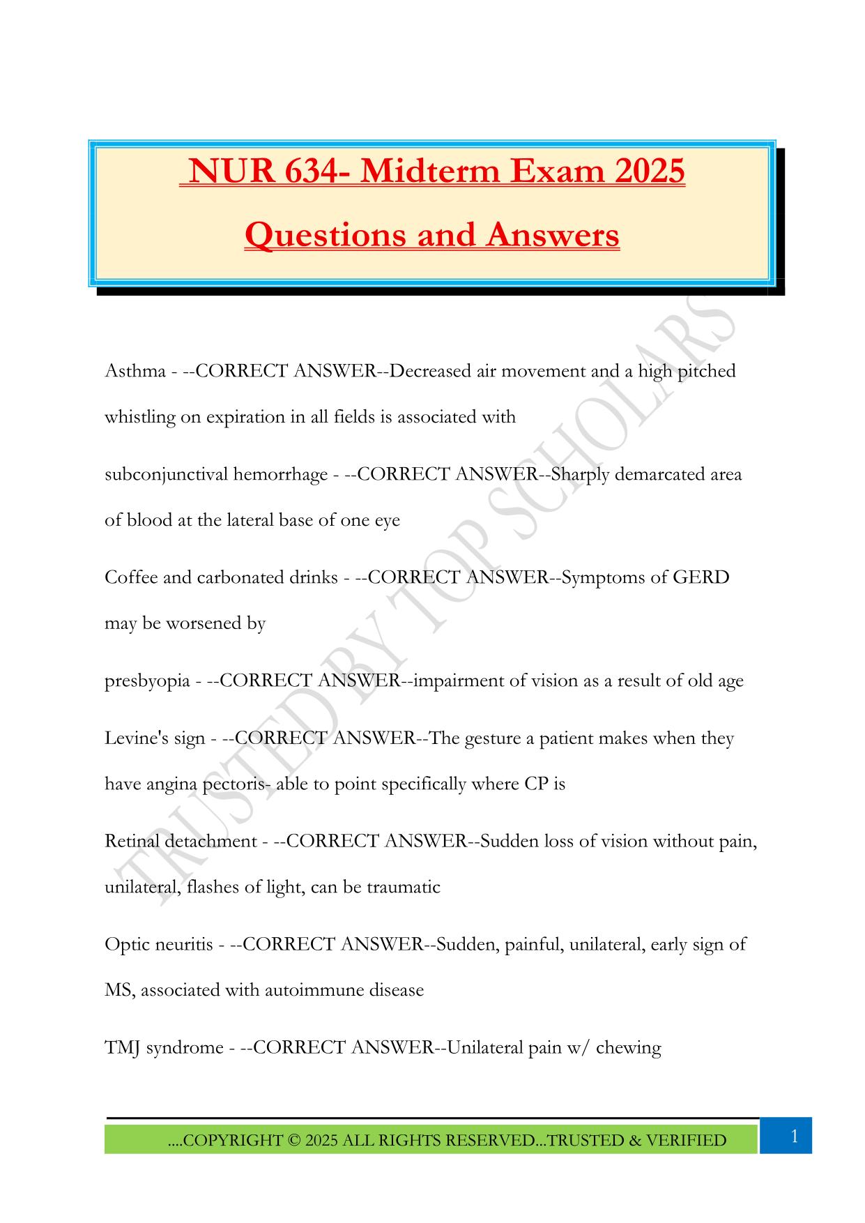 NUR 634- Midterm Exam 2025 Questions and Answers