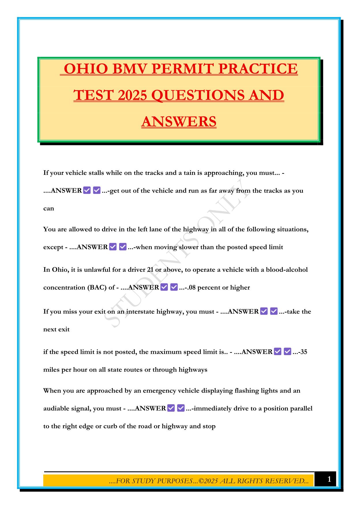 OHIO BMV PERMIT PRACTICE TEST 2025 QUESTIONS AND ANSWERS