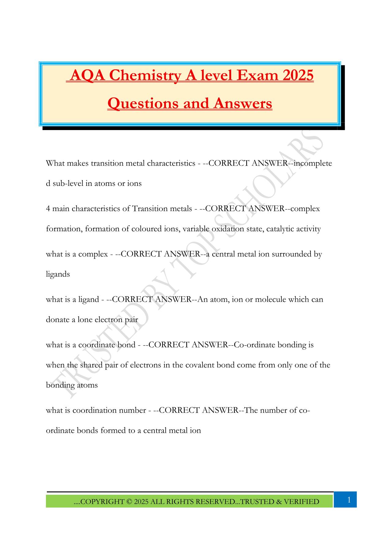 AQA Chemistry A level Exam 2025 Questions and Answers