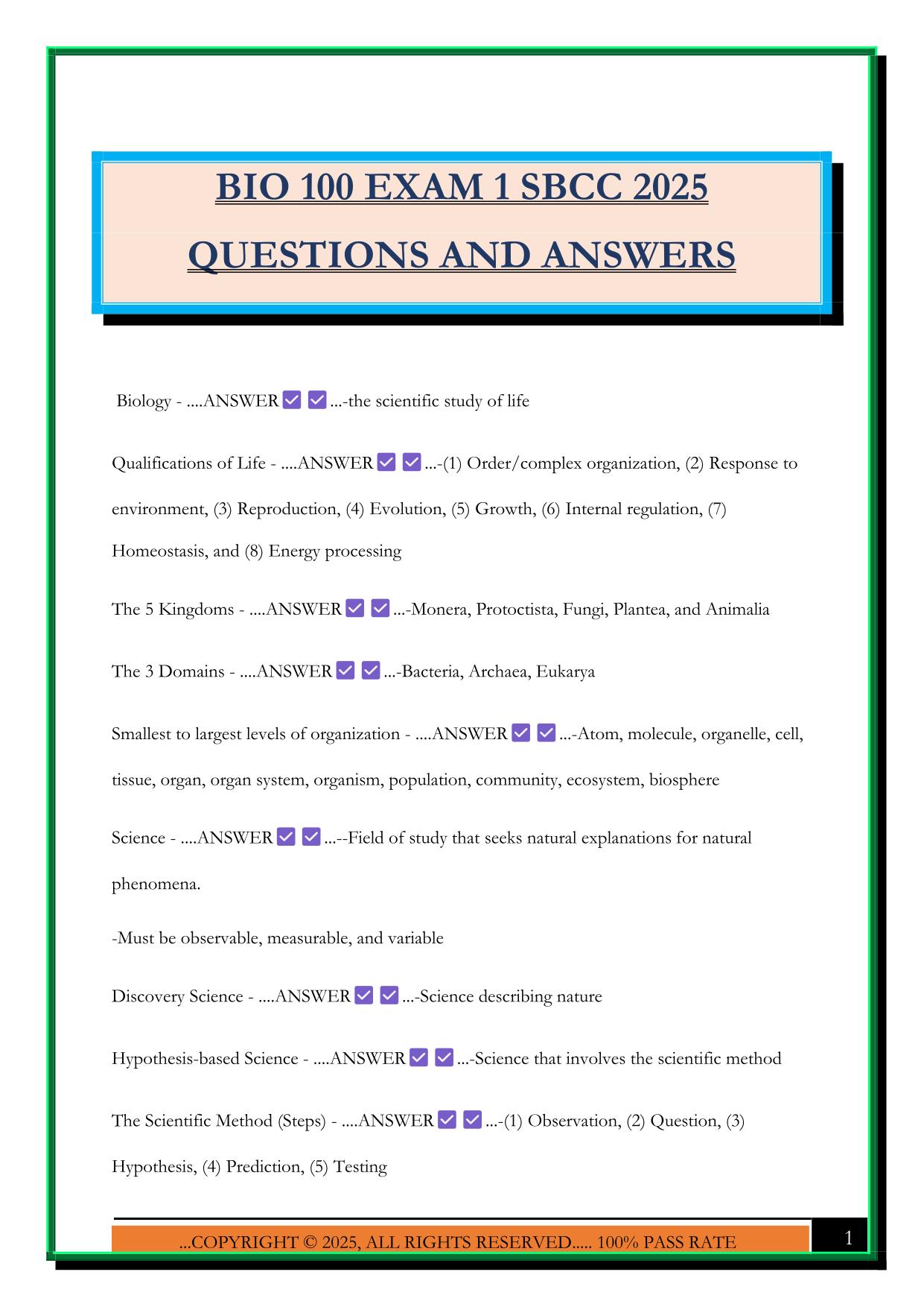 BIO 100 EXAM 1 SBCC 2025 QUESTIONS AND ANSWERS