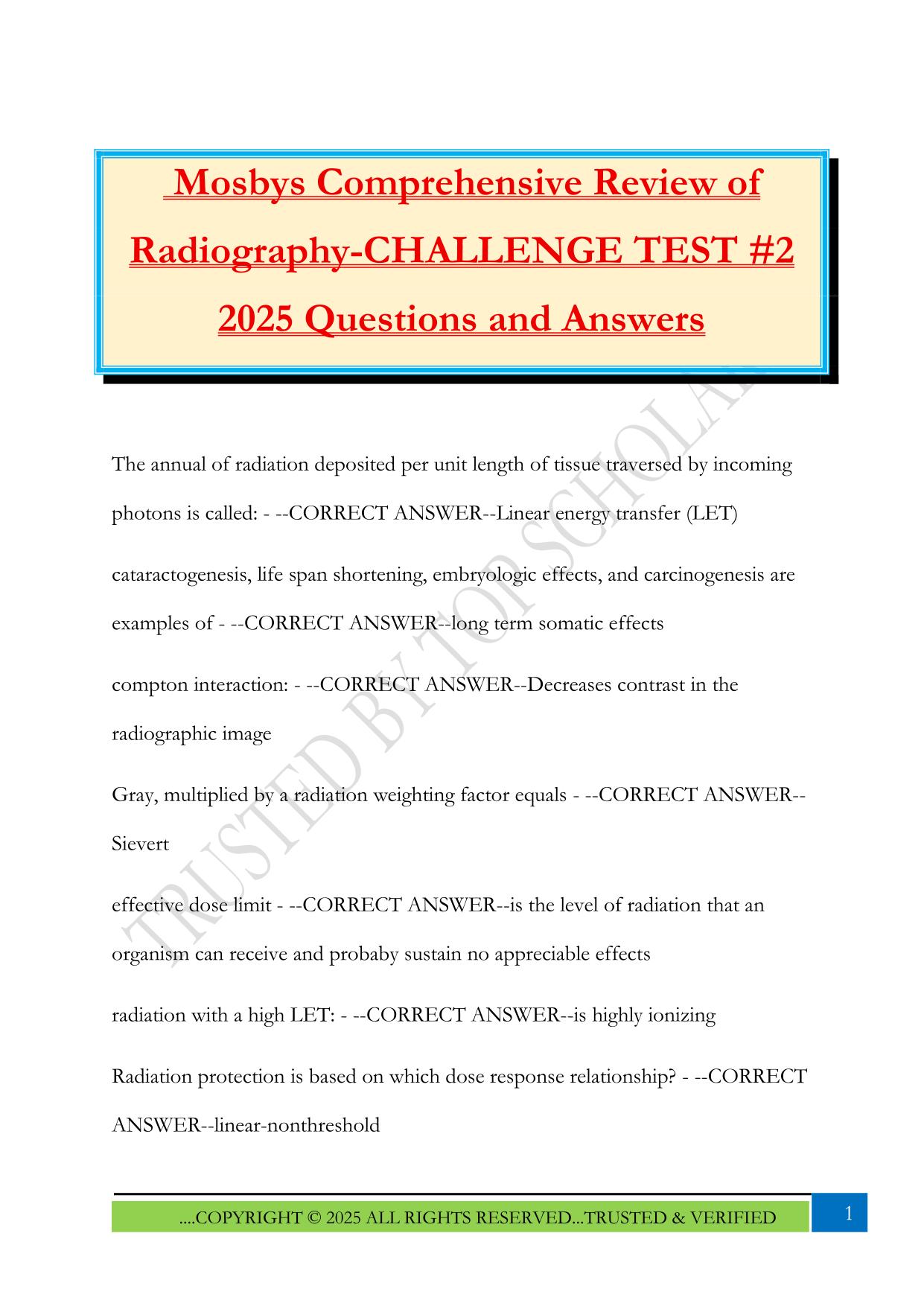 Mosbys Comprehensive Review of Radiography-CHALLENGE TEST #2 2025 Questions and Answers