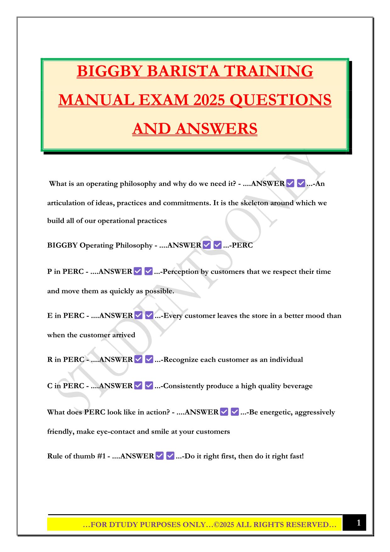 BIGGBY BARISTA TRAINING MANUAL EXAM 2025 QUESTIONS AND ANSWERS