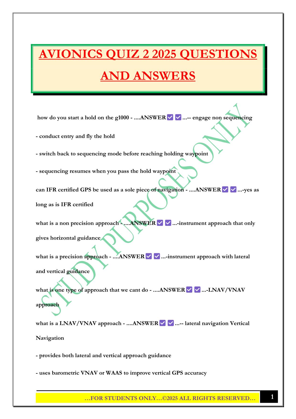 AVIONICS QUIZ 2 2025 QUESTIONS AND ANSWERS