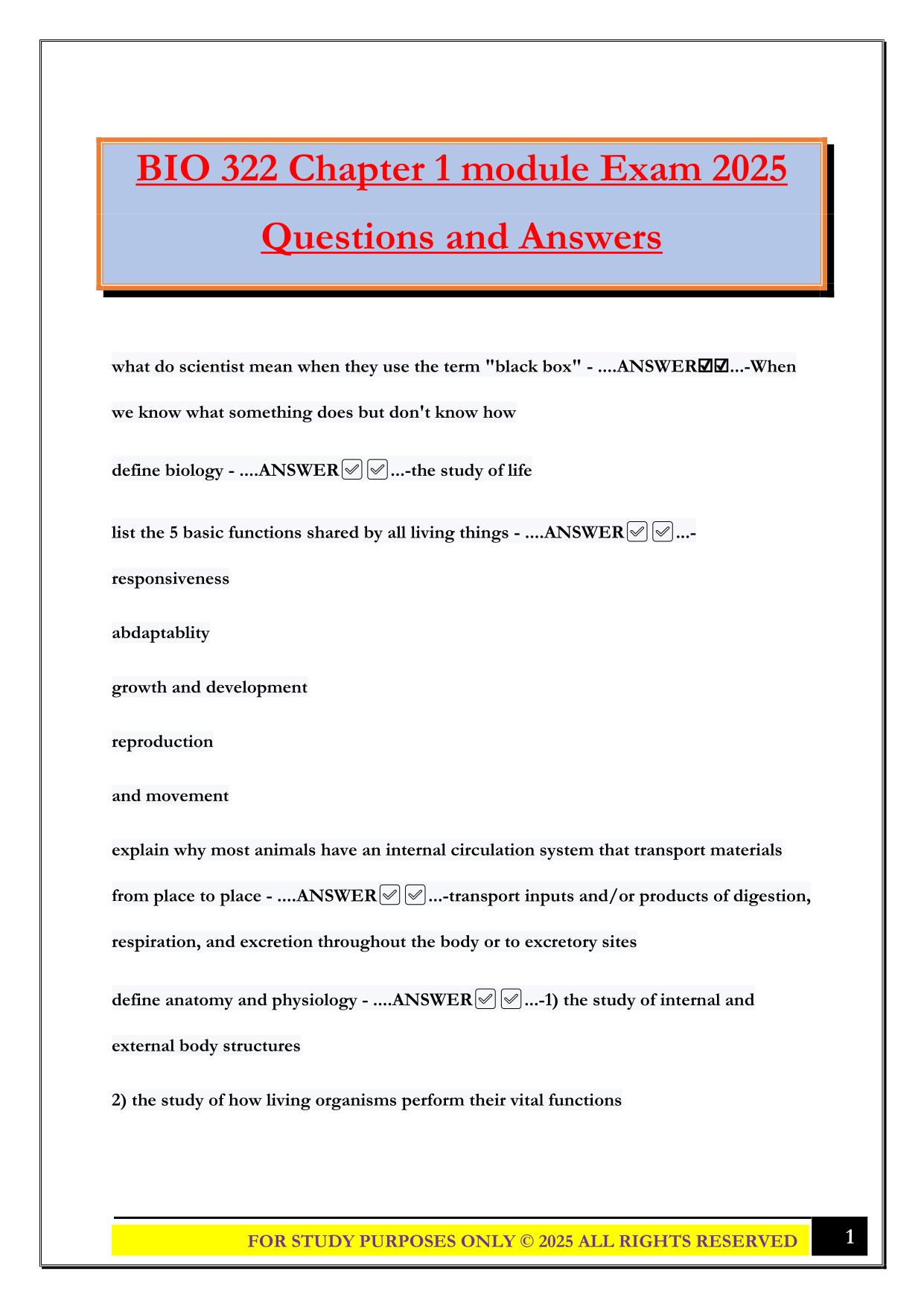 BIO 322 Chapter 1 module Exam 2025 Questions and Answers