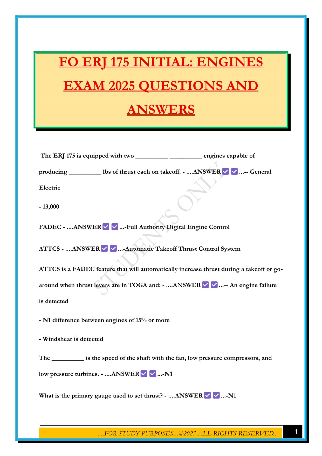 FO ERJ 175 INITIAL: ENGINES EXAM 2025 QUESTIONS AND ANSWERS