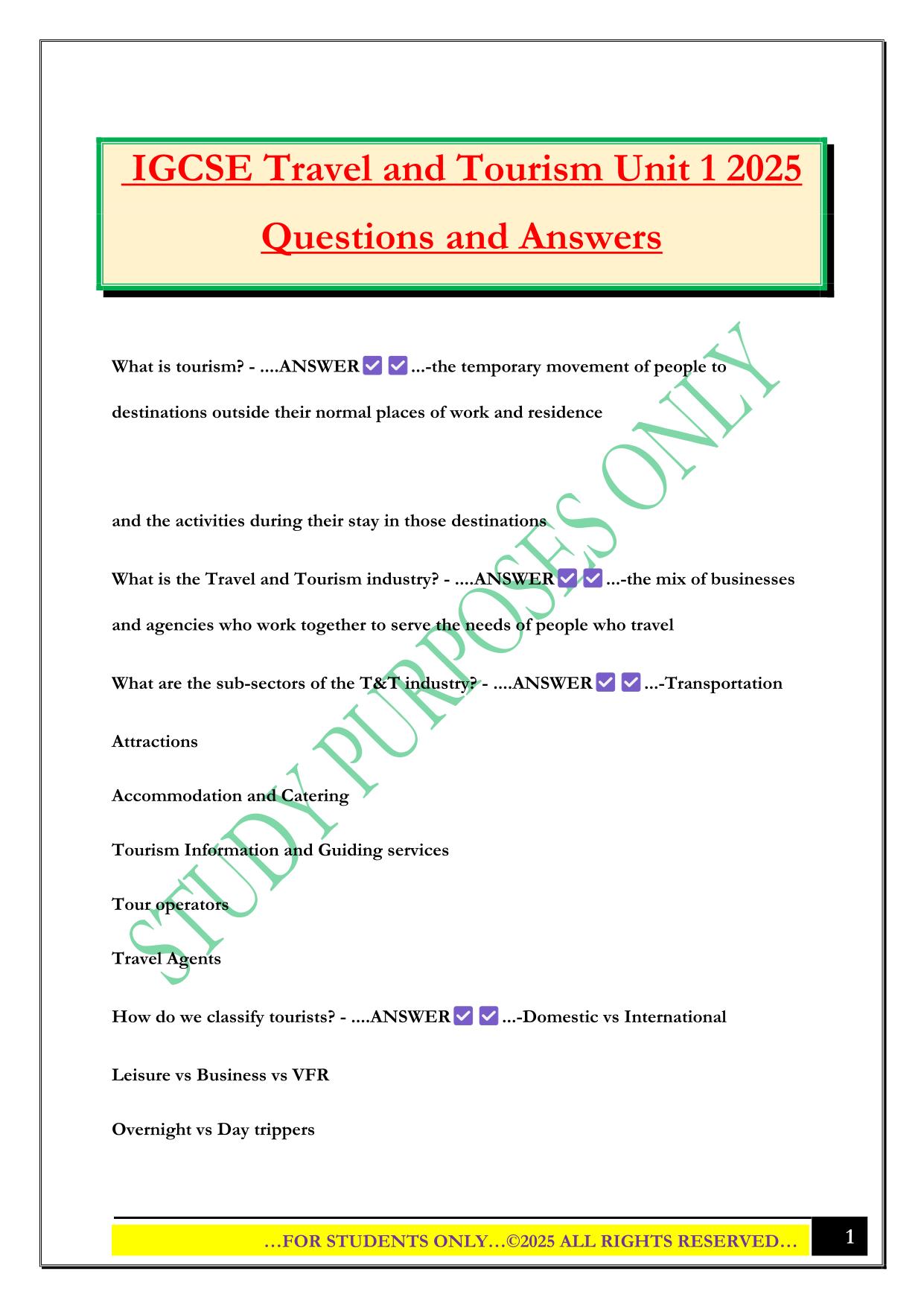 IGCSE Travel and Tourism Unit 1 2025 Questions and Answers