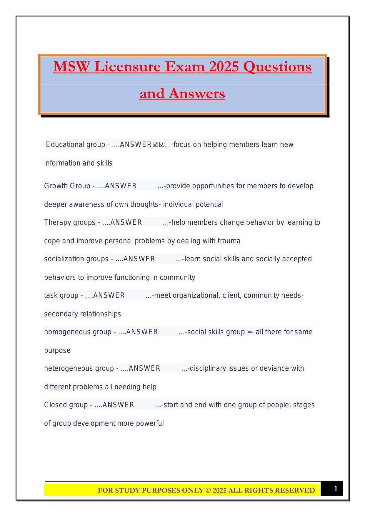MSW Licensure Exam 2025 Questions and Answers