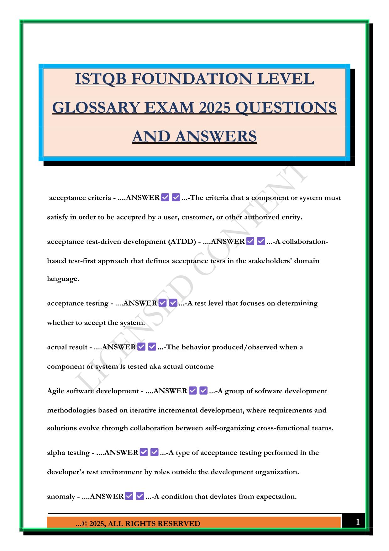 ISTQB FOUNDATION LEVEL GLOSSARY EXAM 2025 QUESTIONS AND ANSWERS