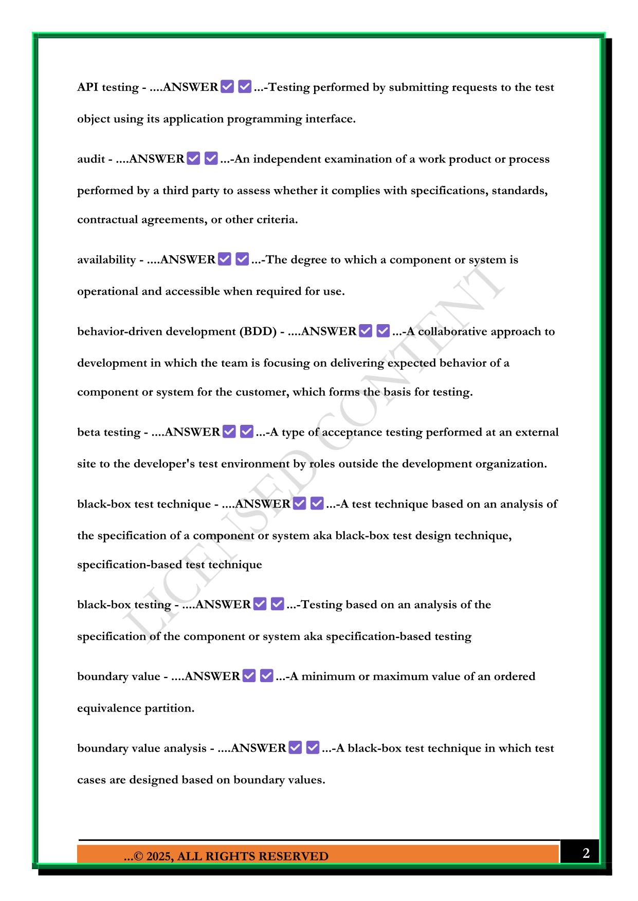 ISTQB FOUNDATION LEVEL GLOSSARY EXAM 2025 QUESTIONS AND ANSWERS