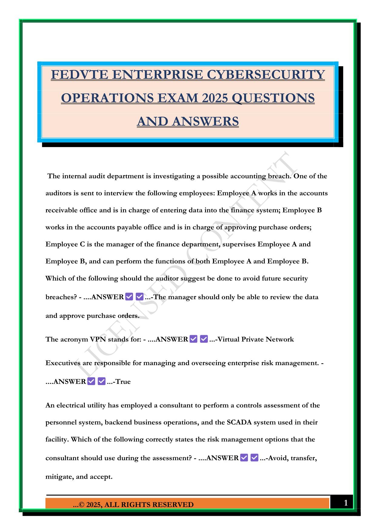 FEDVTE ENTERPRISE CYBERSECURITY OPERATIONS EXAM 2025 QUESTIONS AND ANSWERS