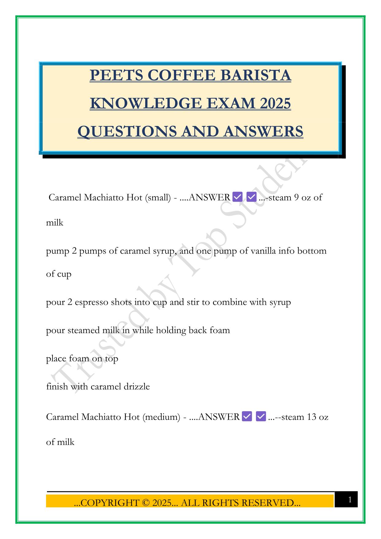 PEETS COFFEE BARISTA KNOWLEDGE EXAM 2025 QUESTIONS AND ANSWERS