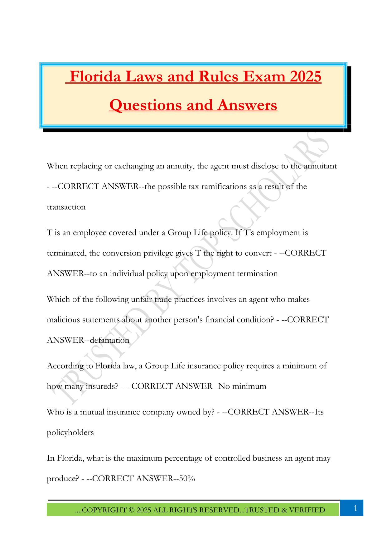 Florida Laws and Rules Exam 2025 Questions and Answers
