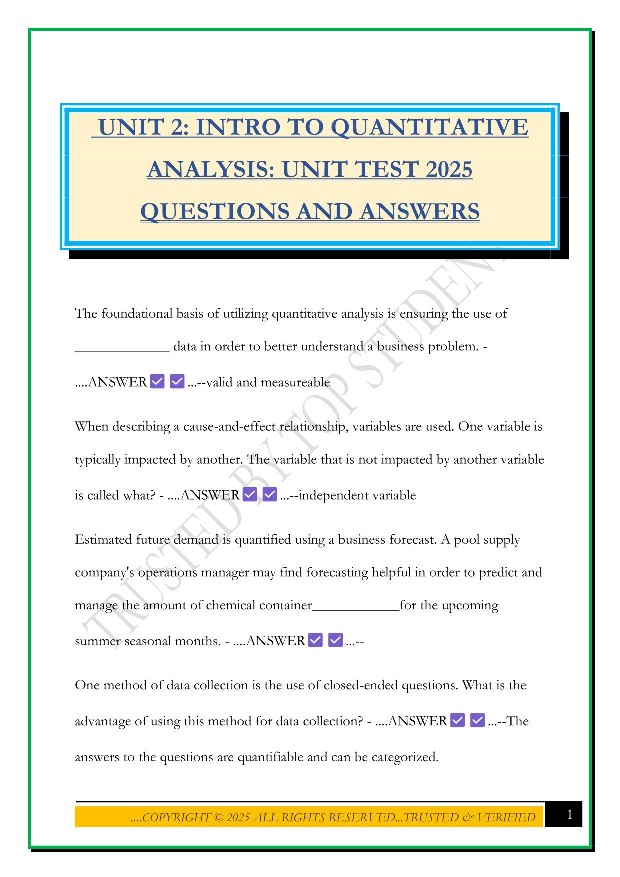 UNIT 2: INTRO TO QUANTITATIVE ANALYSIS: UNIT TEST 2025 QUESTIONS AND ANSWERS