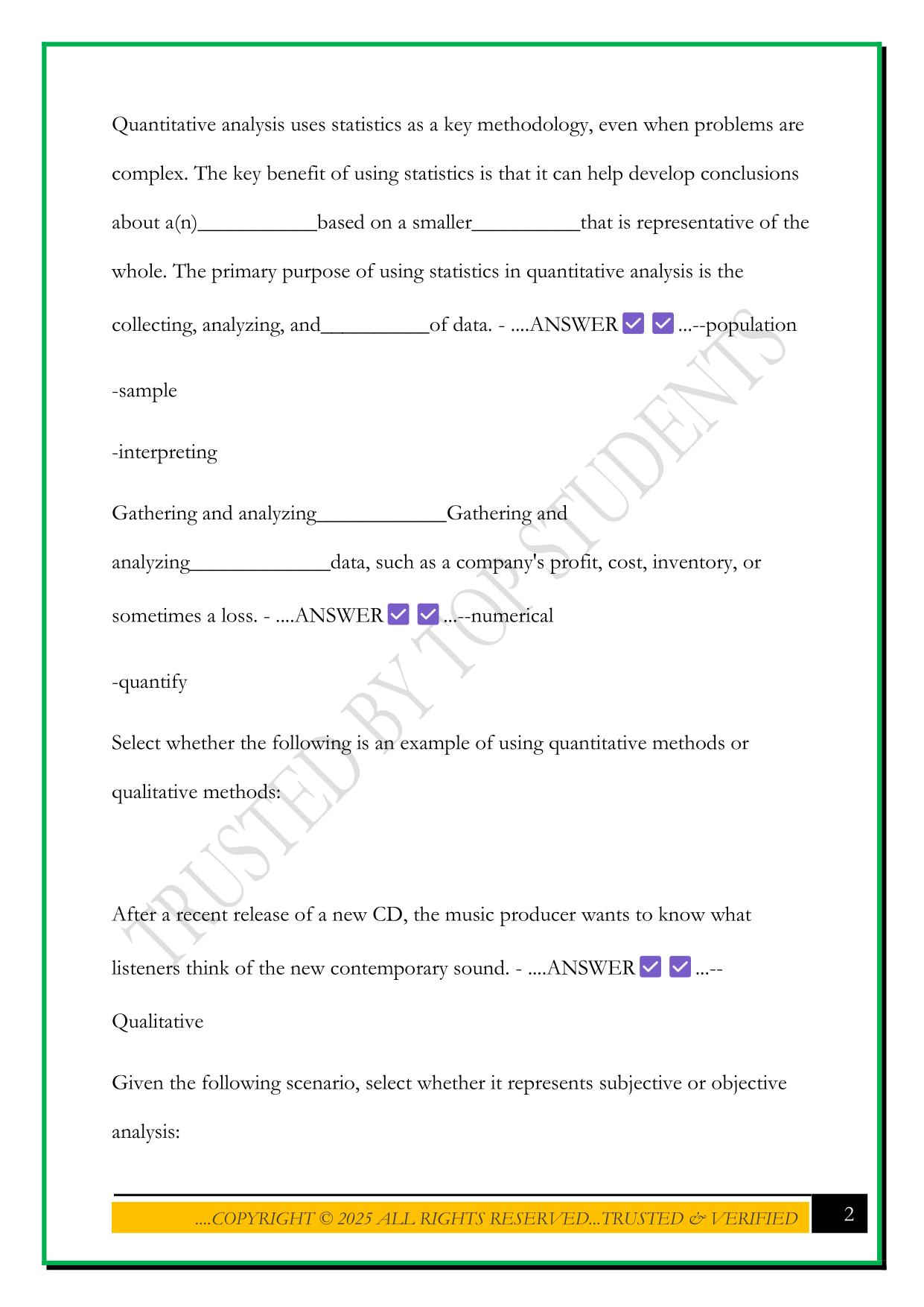 UNIT 2: INTRO TO QUANTITATIVE ANALYSIS: UNIT TEST 2025 QUESTIONS AND ANSWERS