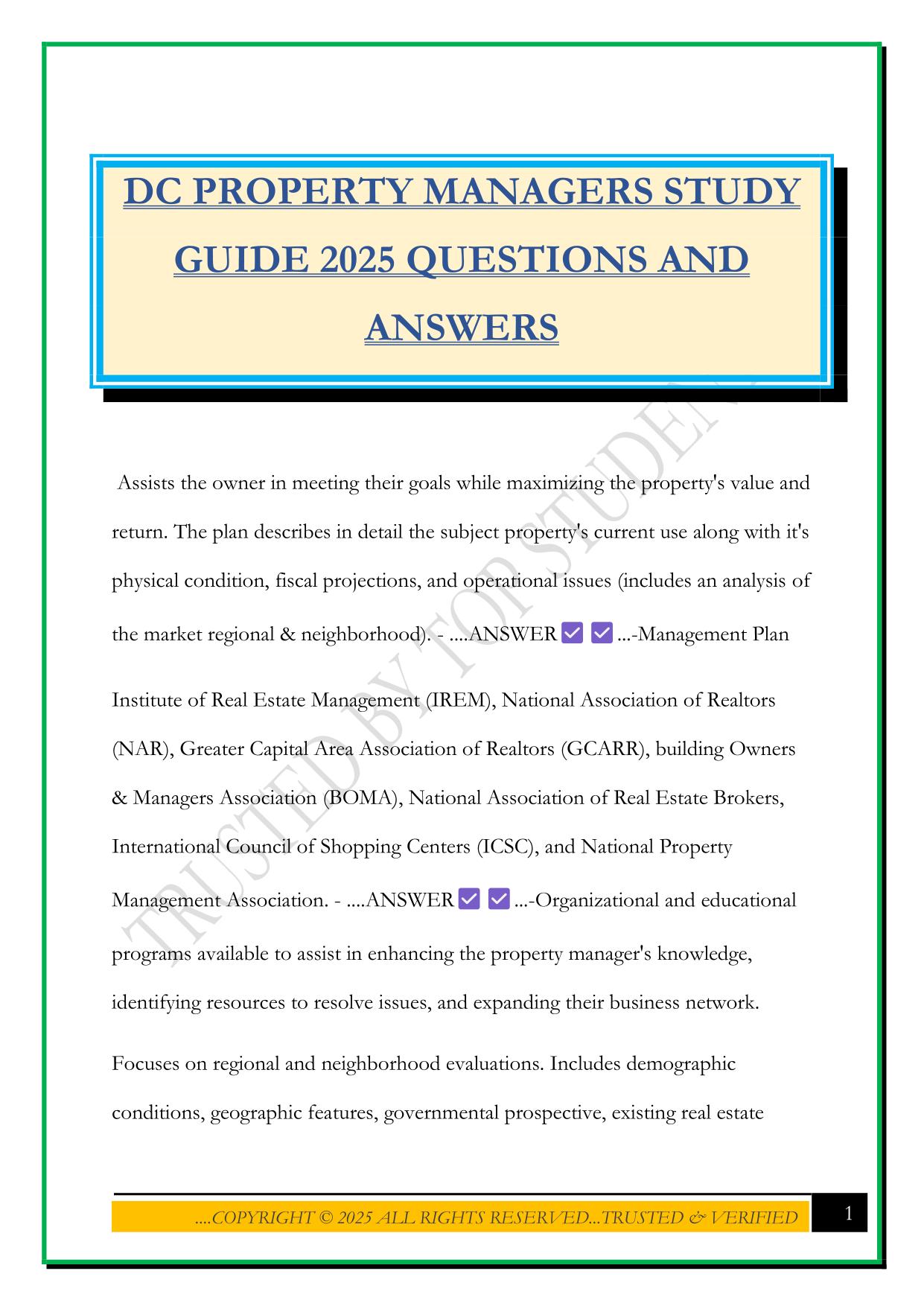 DC PROPERTY MANAGERS STUDY GUIDE 2025 QUESTIONS AND ANSWERS