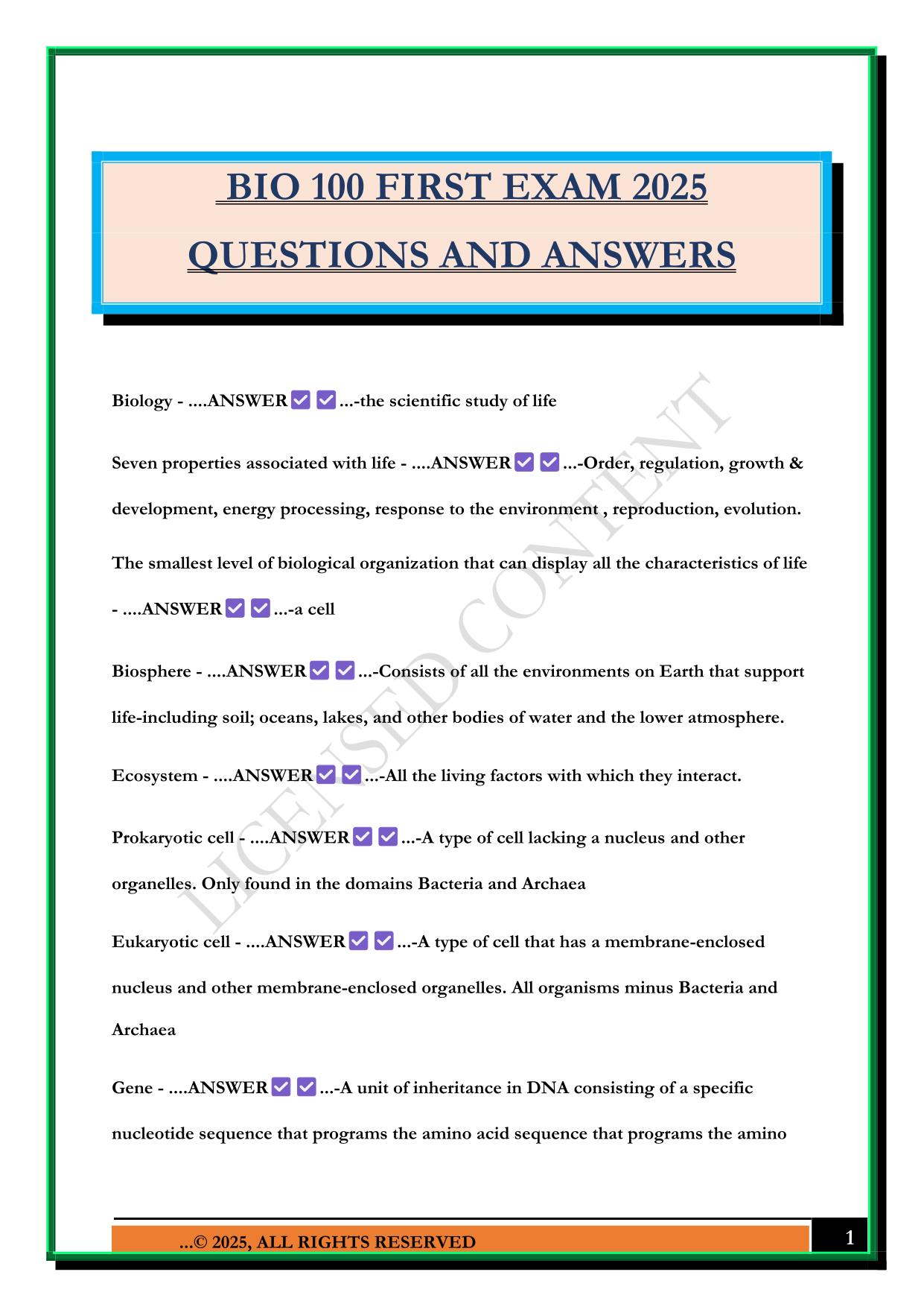 BIO 100 FIRST EXAM 2025 QUESTIONS AND ANSWERS