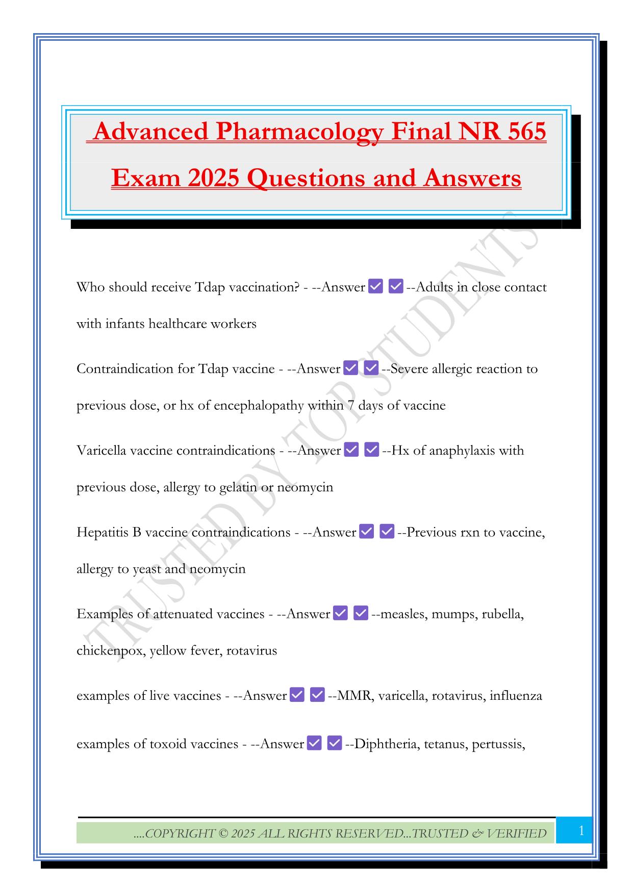 Advanced Pharmacology Final NR 565 Exam 2025 Questions and Answers