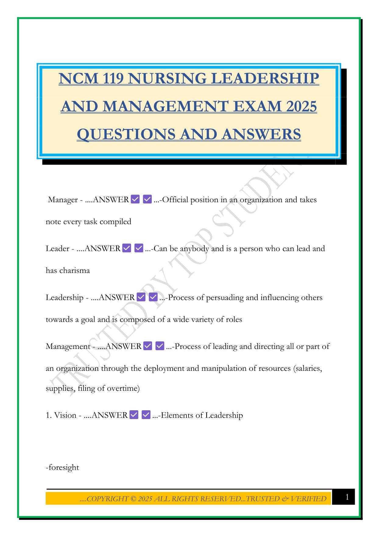 NCM 119 NURSING LEADERSHIP AND MANAGEMENT EXAM 2025 QUESTIONS AND ANSWERS
