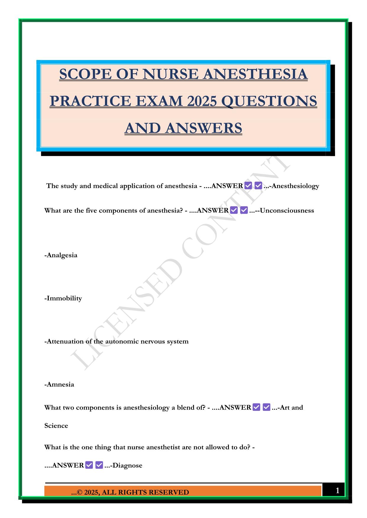 SCOPE OF NURSE ANESTHESIA PRACTICE EXAM 2025 QUESTIONS AND ANSWERS