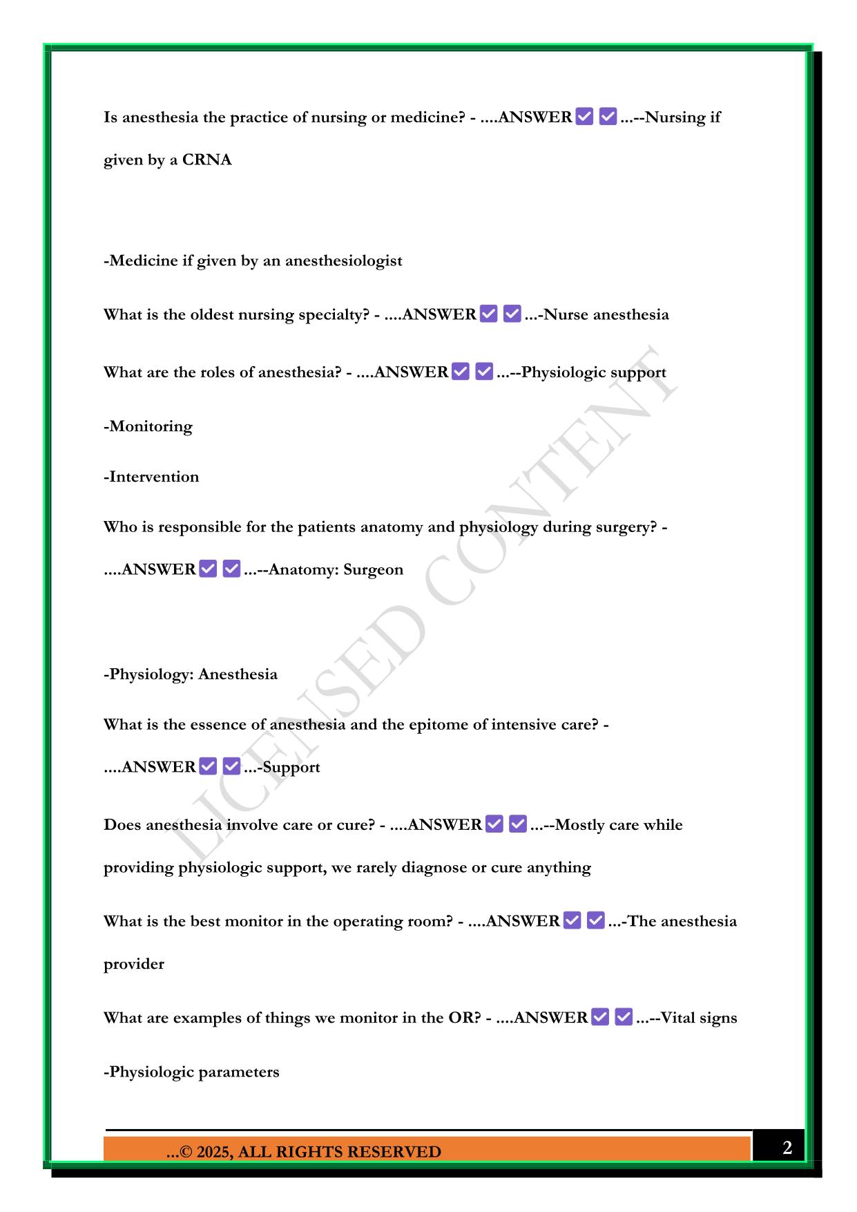 SCOPE OF NURSE ANESTHESIA PRACTICE EXAM 2025 QUESTIONS AND ANSWERS