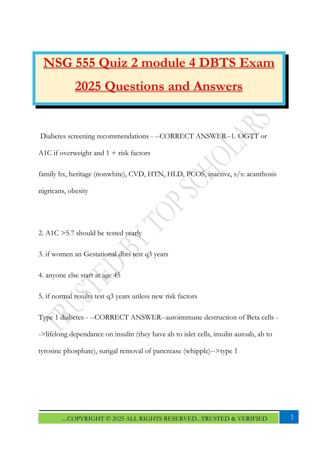 NSG 555 Quiz 2 module 4 DBTS Exam 2025 Questions and Answers