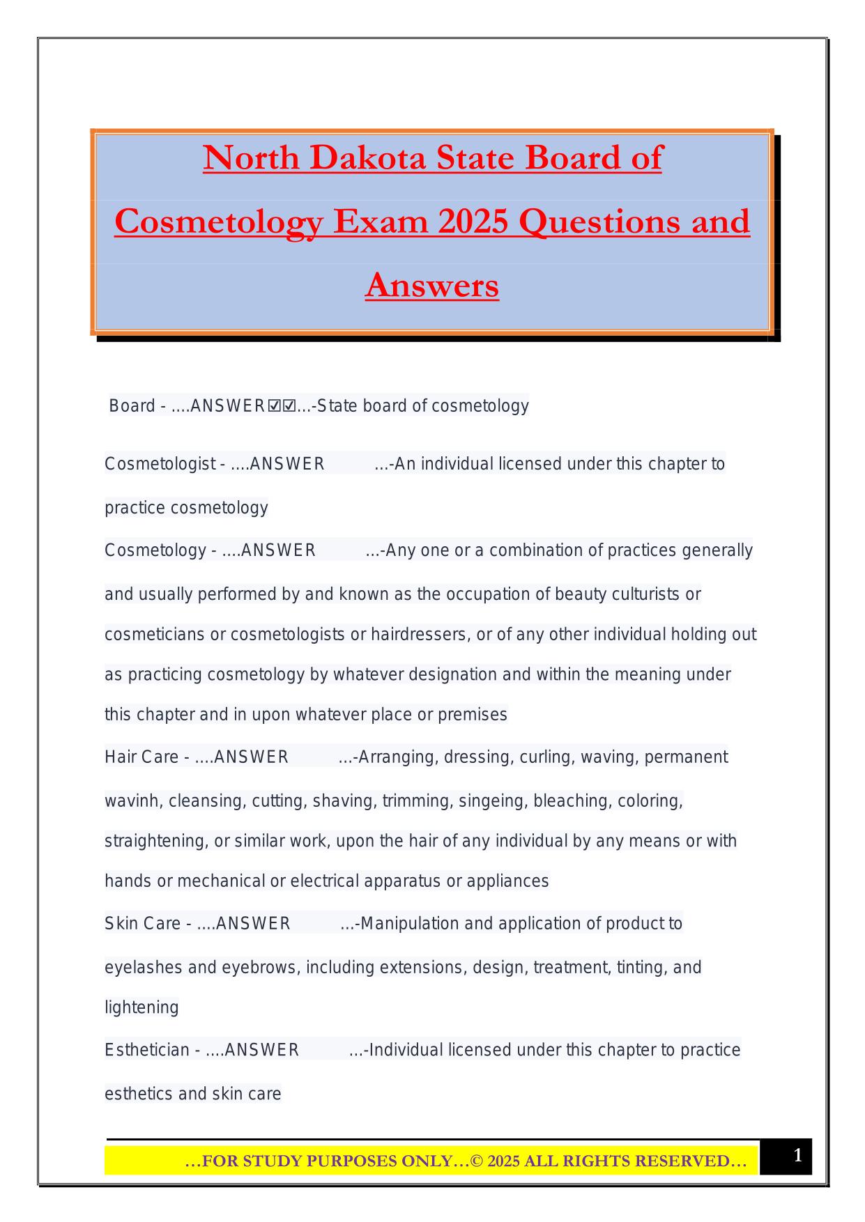 North Dakota State Board of Cosmetology Exam 2025 Questions and Answers