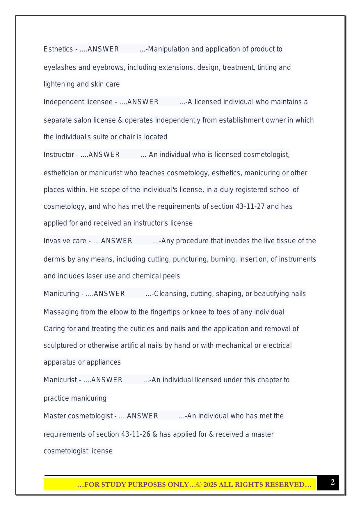 North Dakota State Board of Cosmetology Exam 2025 Questions and Answers