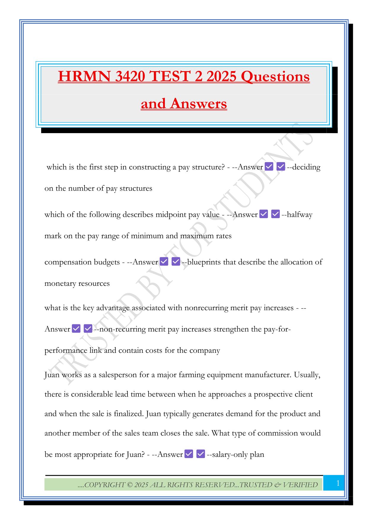 HRMN 3420 TEST 2 2025 Questions and Answers