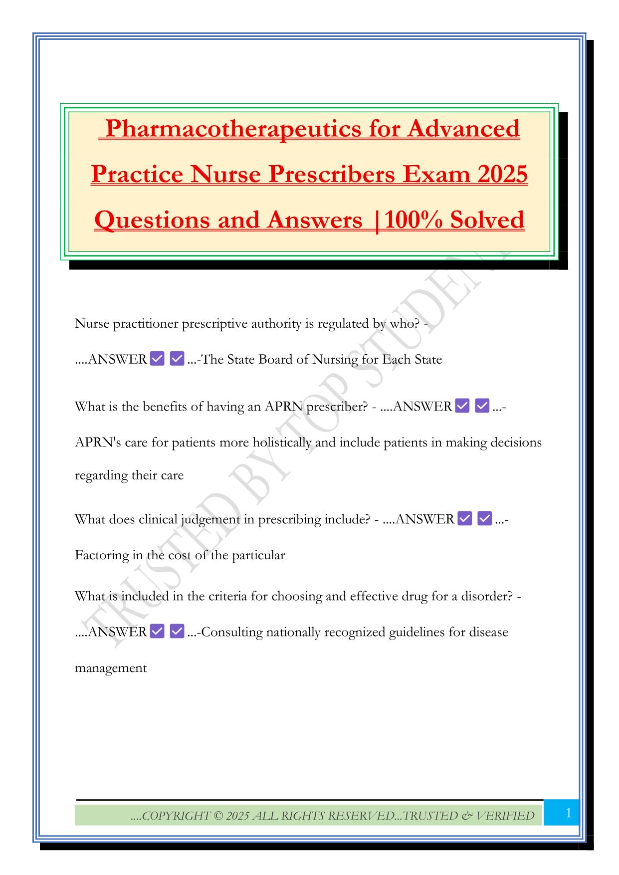 Pharmacotherapeutics for Advanced Practice Nurse Prescribers Exam 2025 Questions and Answers |100% Solved