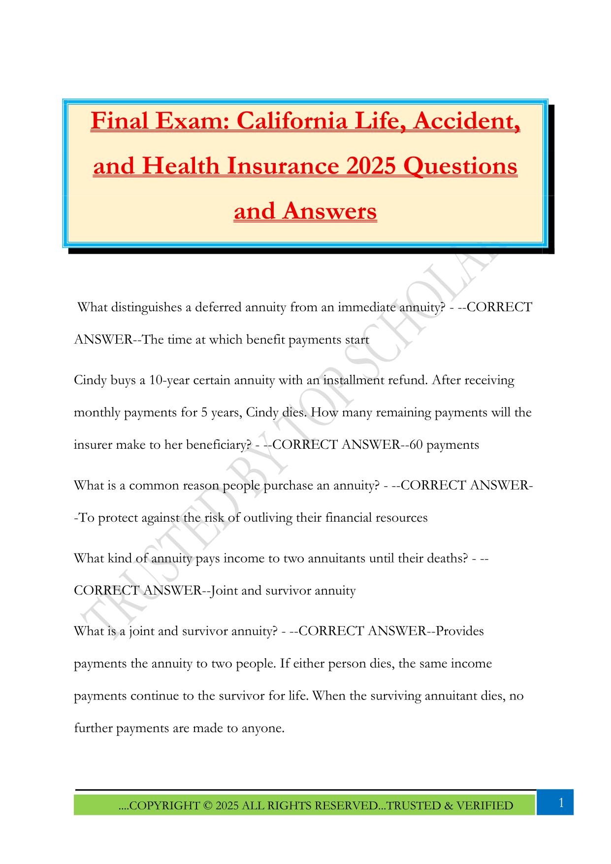 Final Exam: California Life, Accident, and Health Insurance 2025 Questions and Answers